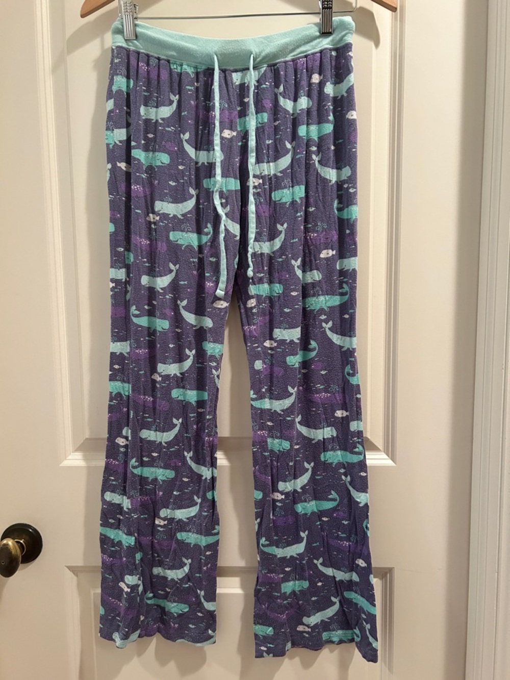 Munki Munkie Nite Nite drawstring Whale Print Lounge Pants Purple/Teal size S